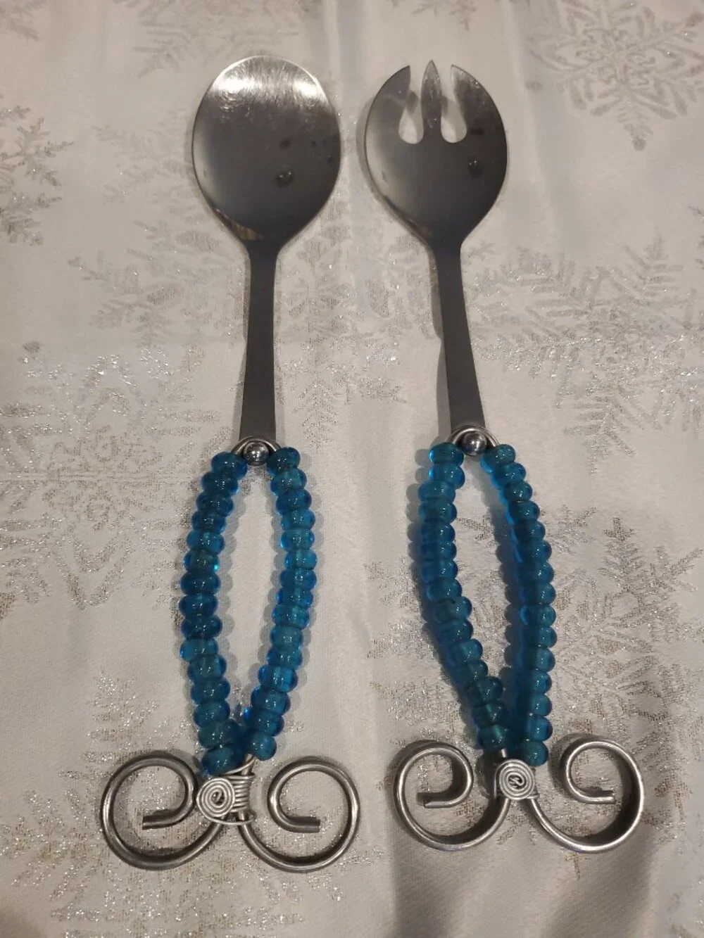 Salad Servers Silver Tone Blue Glass Beaded Handles Contemporary Coastal Dining